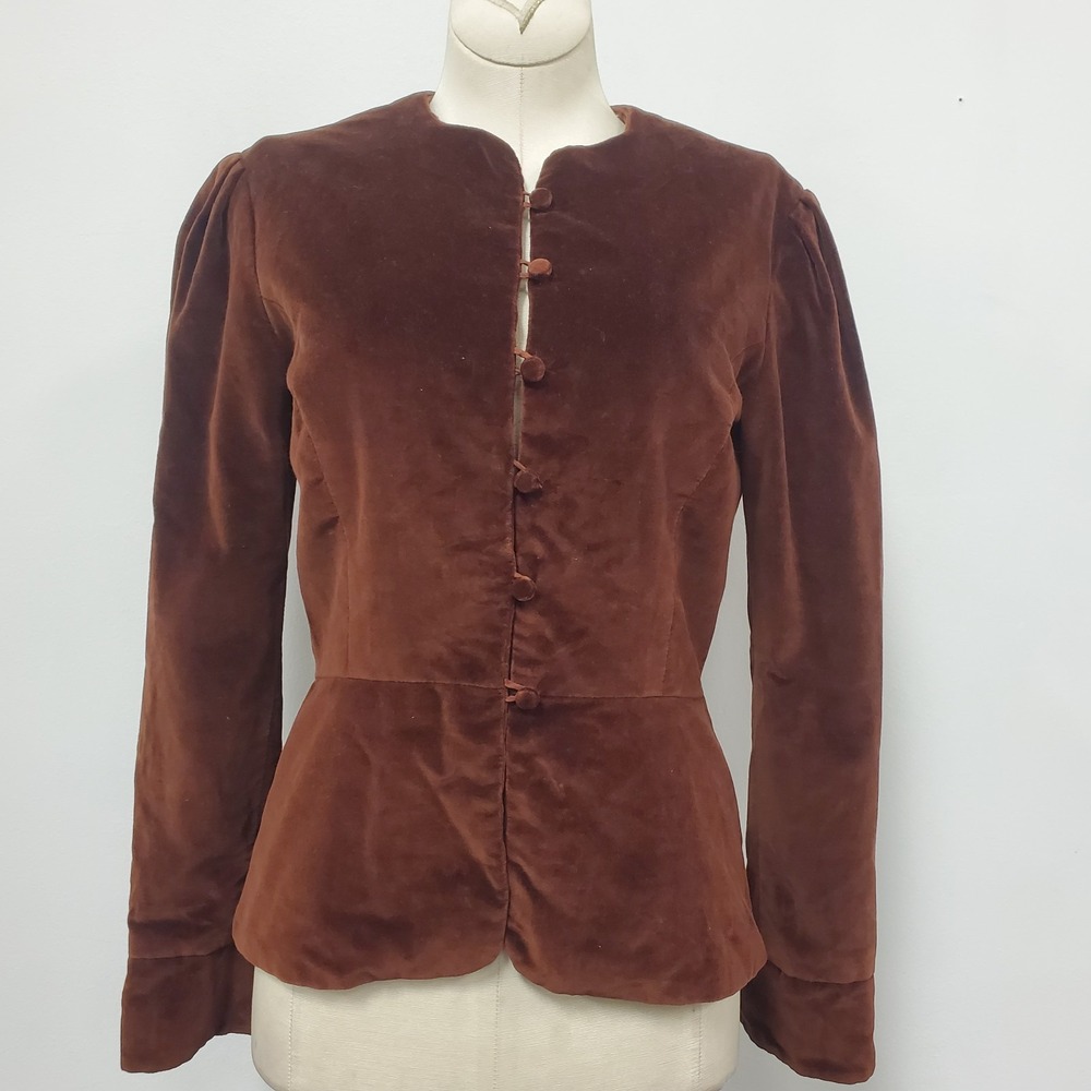 Vintage Brown Velvet Victorian Jacket Size S High Neck Equestrian Romantic Y2K